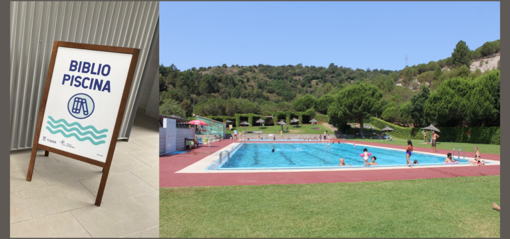 Piscina municipal de Tiana i cartell de bibliopiscina.